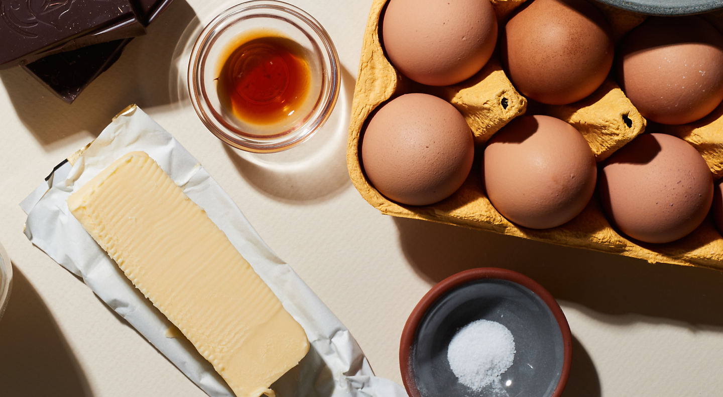 Birds-eye view of eggs, butter and other ingredients on counter