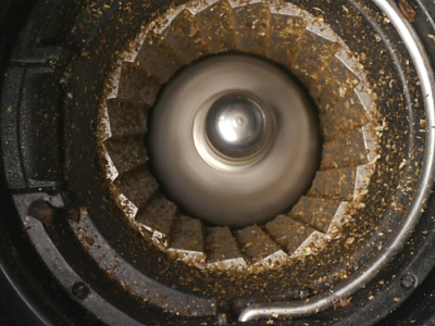 Interior of a burr coffee grinder.