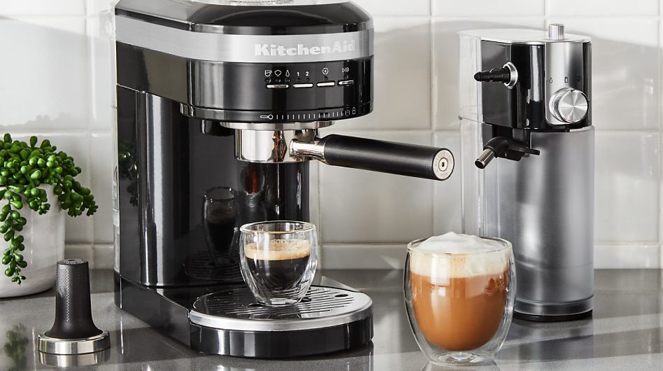 KitchenAid® espresso machine with espresso and cappuccino.