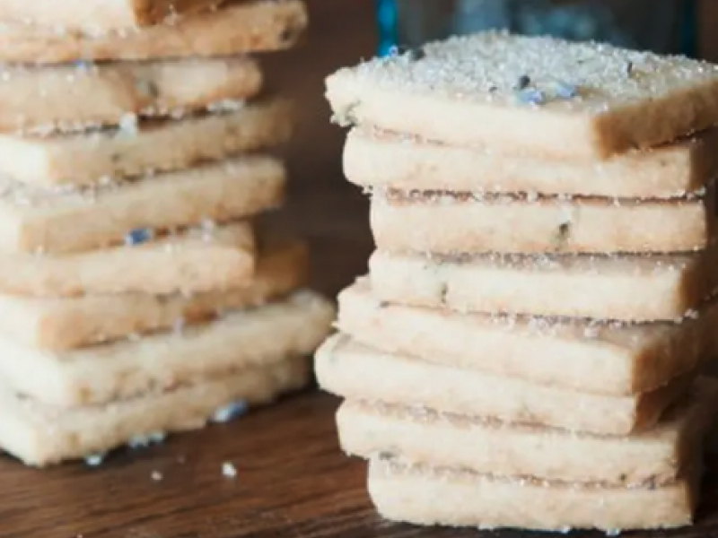 A stack of lavender shortbread cookies