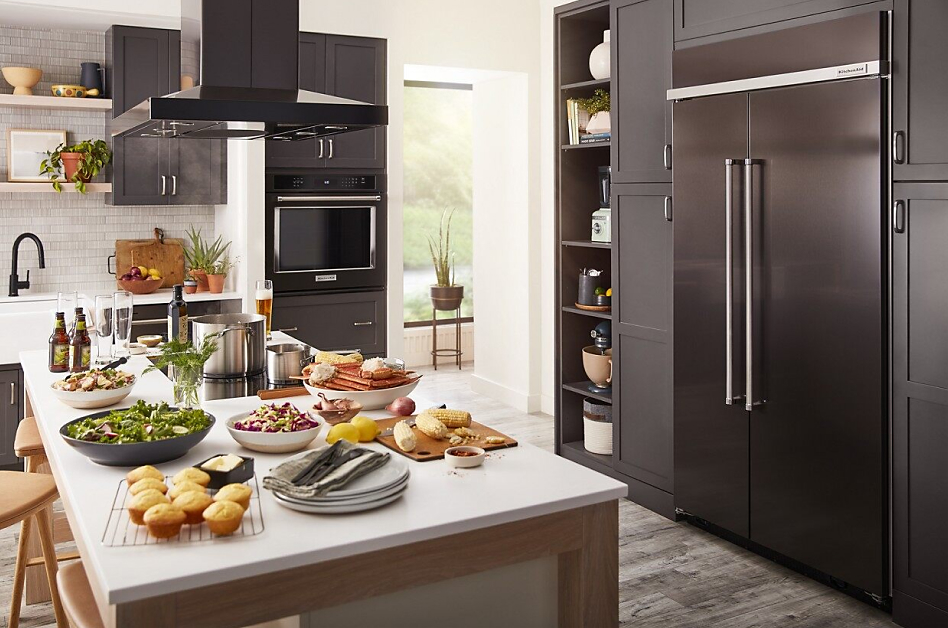 Black stainless refrigerator style in modern kitchen