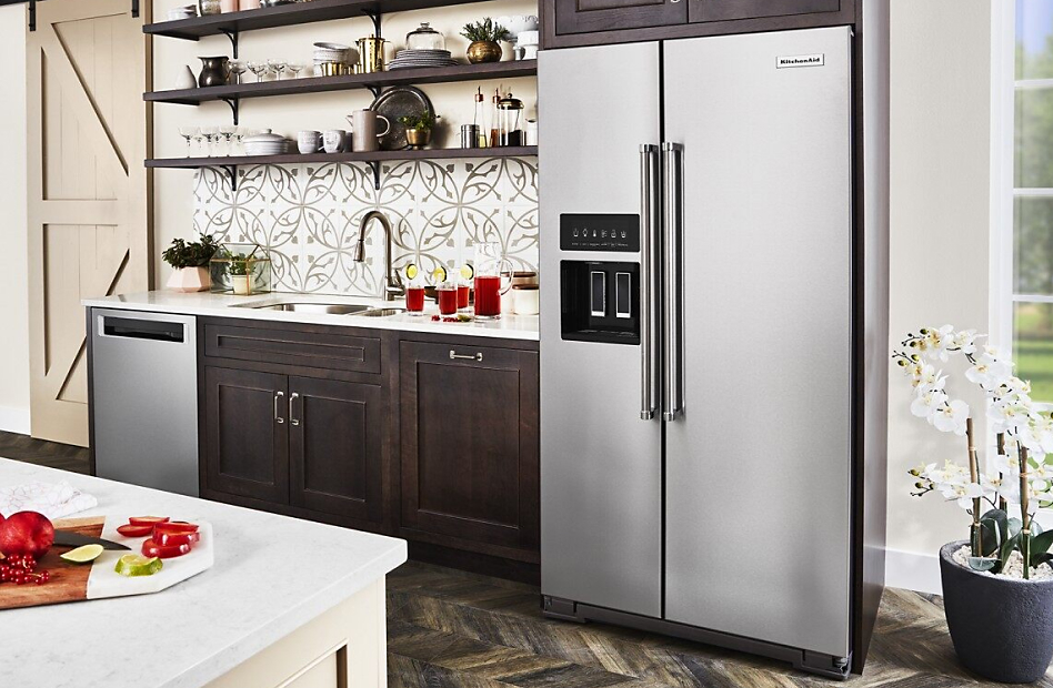 Stainless steel counter-depth refrigerator style in kitchen