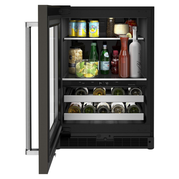 Open beverage center type of fridge with wine bottles and drinks