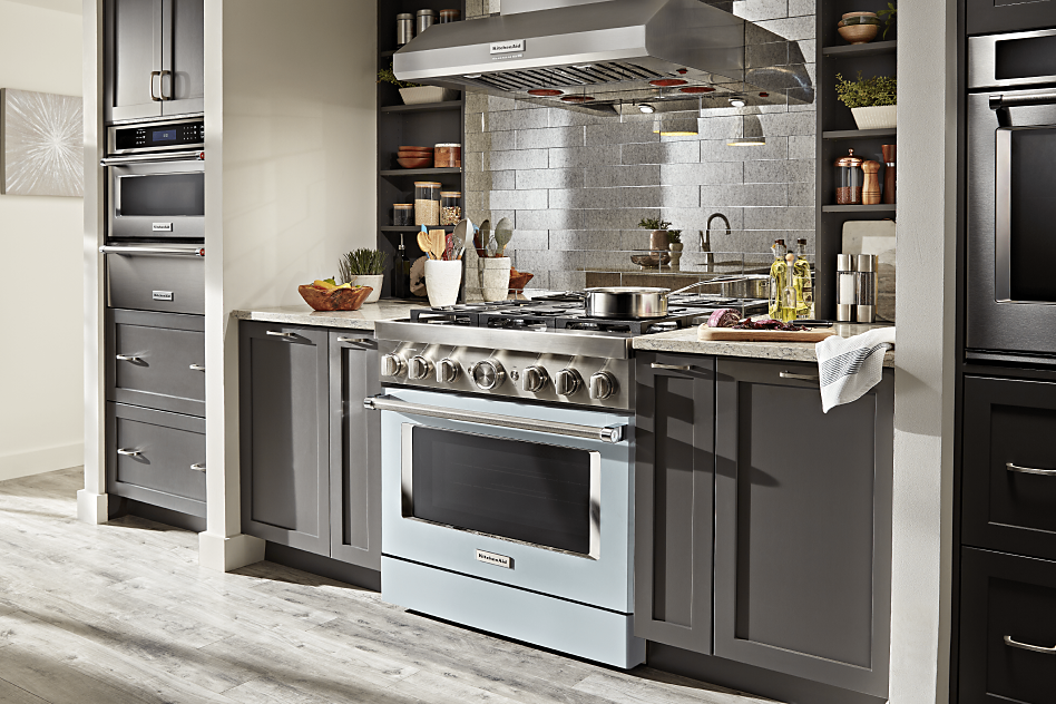 Misty Blue single commercial-style range in a grey kitchen