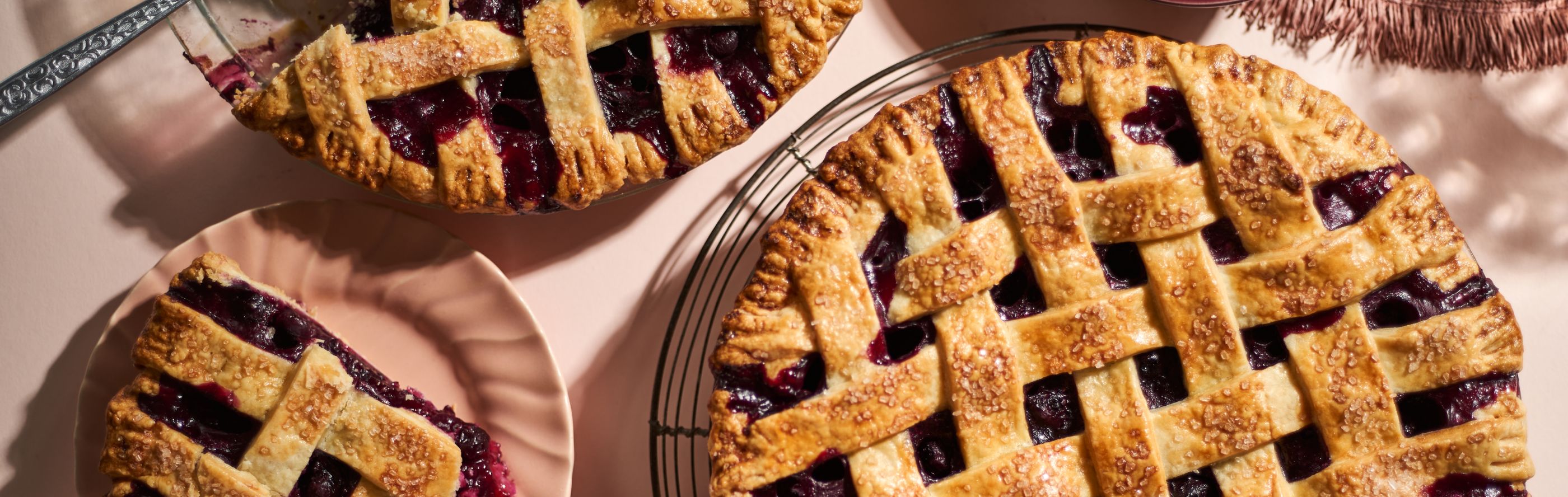 Closeup of blueberry lattice pastry pie crust