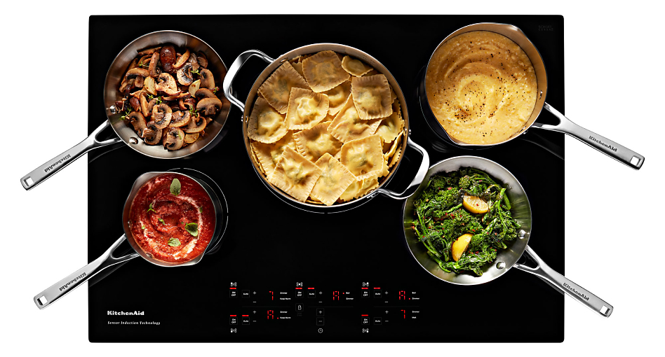 Overhead view of an induction cooktop surface with food