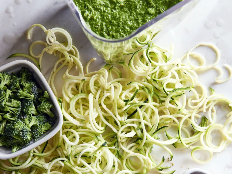 Spiralized zucchini pasta and broccoli basil pesto