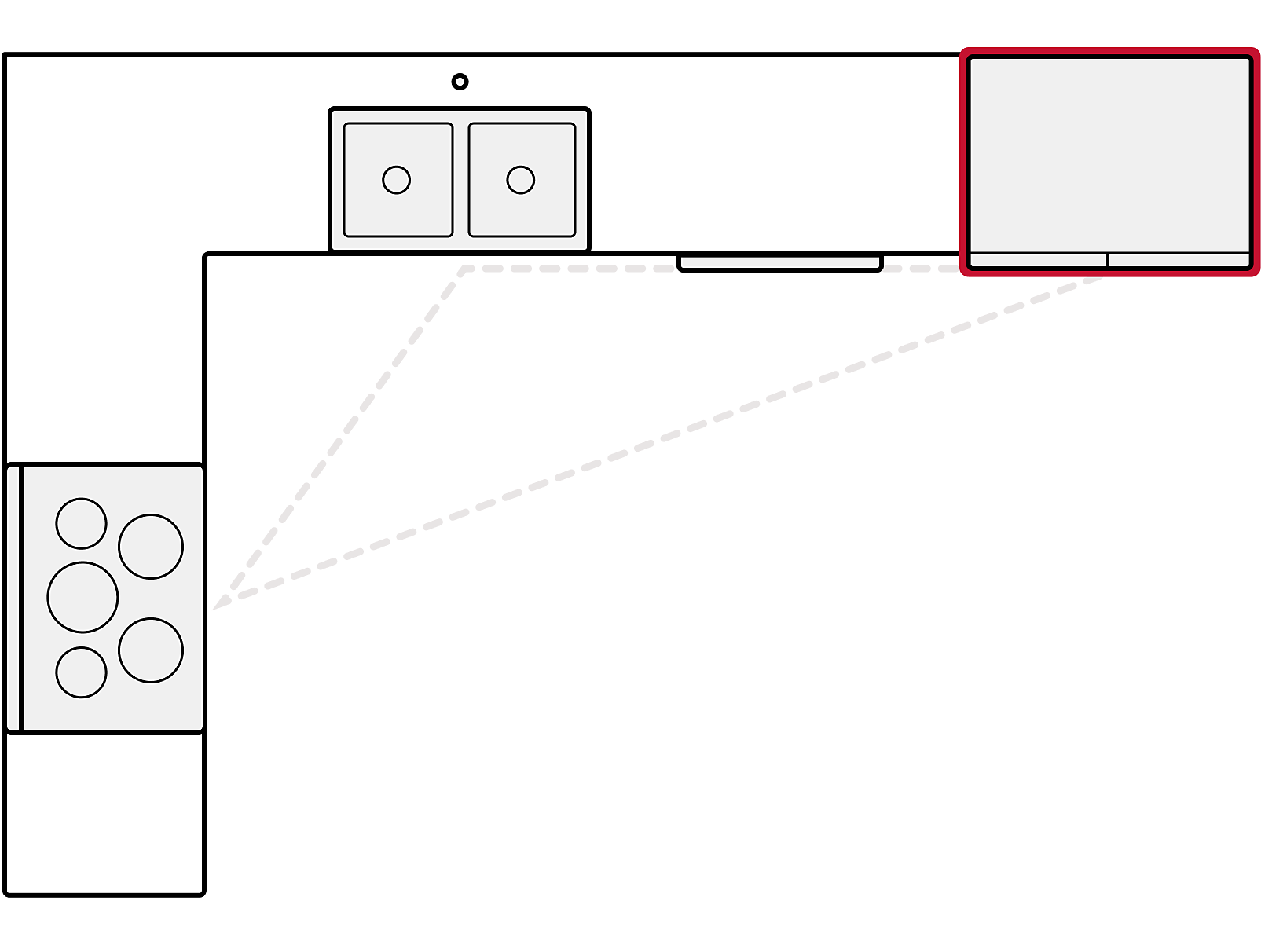 Diagram showing refrigerator placement in L-shaped kitchen