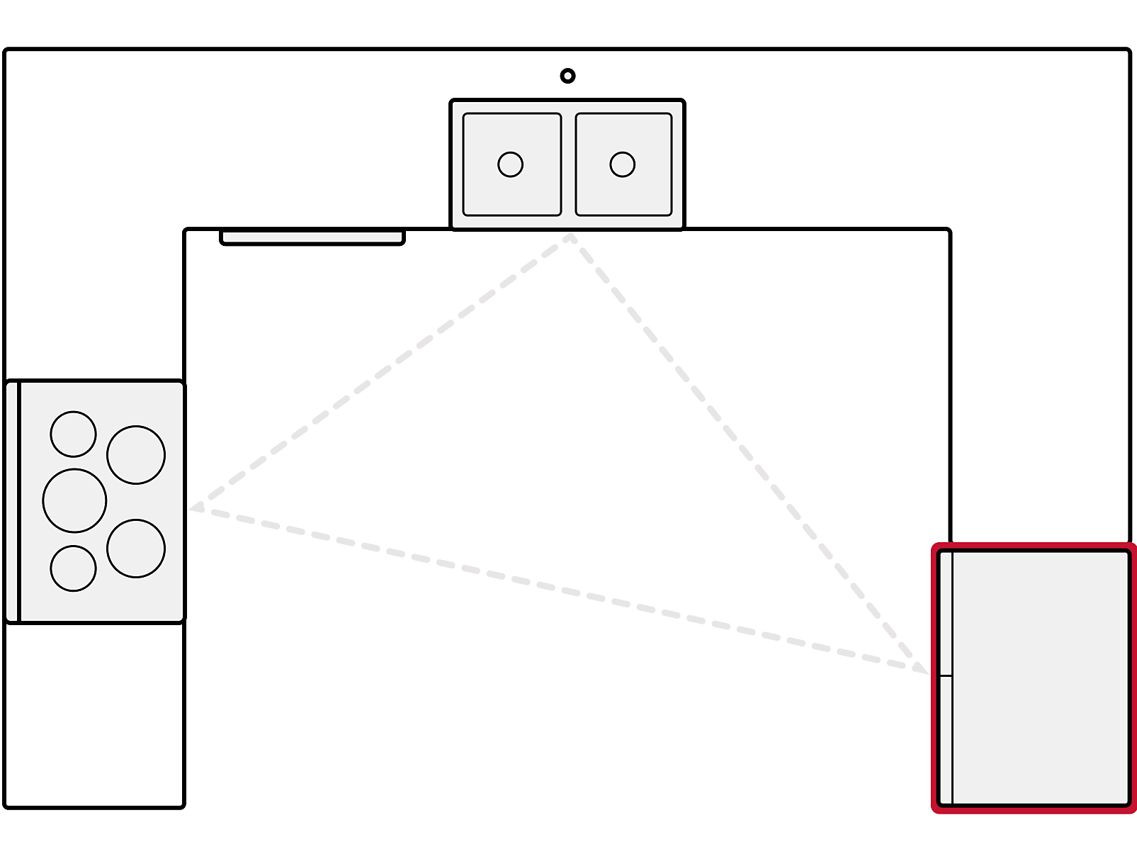 Diagram showing refrigerator placement in U-shaped kitchen