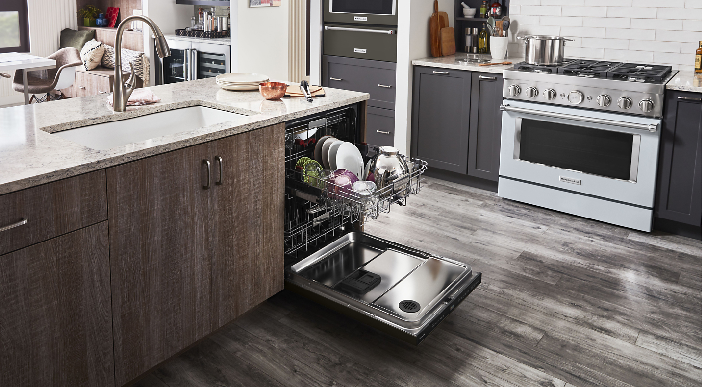 KitchenAid® dishwasher open to show contents