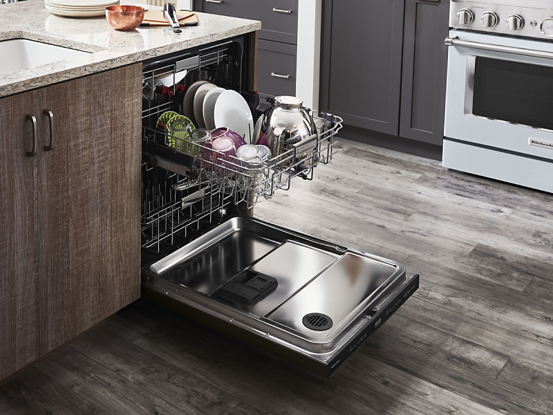 KitchenAid® dishwasher open to show contents
