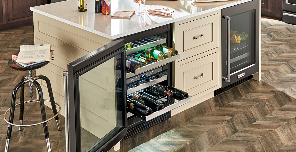 Wine refrigerator with top and bottom racks filled with wine