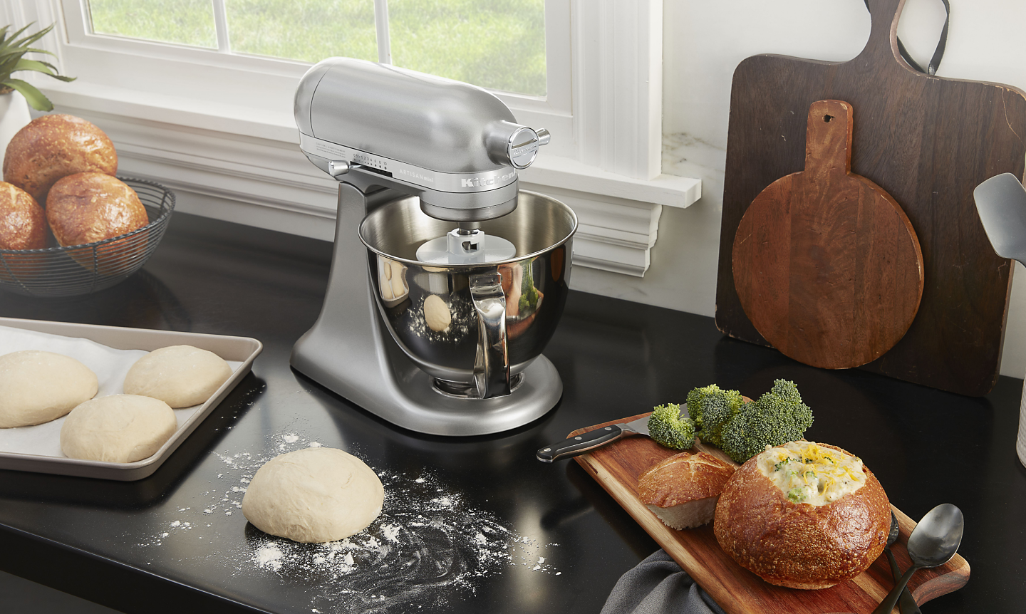 KitchenAid® stand mixer making dough for bread bowls