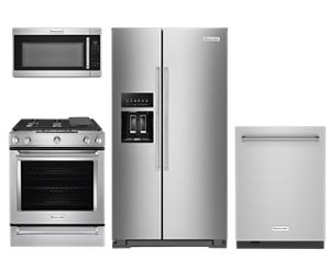 1200-Watt Over-the-Range Microwave, Slide-in Gas Convection Range, 44dBA Dishwasher and Side-By-Side Refrigerator 
