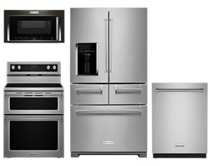 Freestanding Refrigerator, 1,200-Watt Microwave Hood, Electric Double Oven Convection Range and 44 dBA Dishwasher