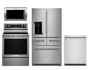 1,200-Watt Microwave Hood, Electric Convection Range, 44 dBA Dishwasher and Freestanding Refrigerator