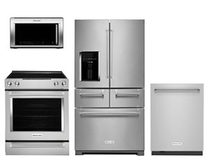 1,200-Watt Microwave Hood, Electric Slide-In Convection Range, 44 dBA Dishwasher and Freestanding Refrigerator