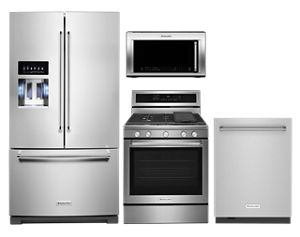 Standard-Depth Refrigerator, 44 dBA Dishwasher, Over-the-Range Microwave and Gas Convection Range