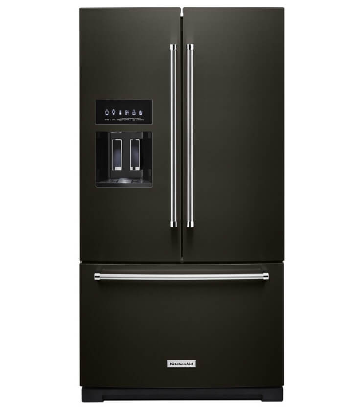 A 36" French Door Bottom Mount Refrigerator in Black Stainless. 
