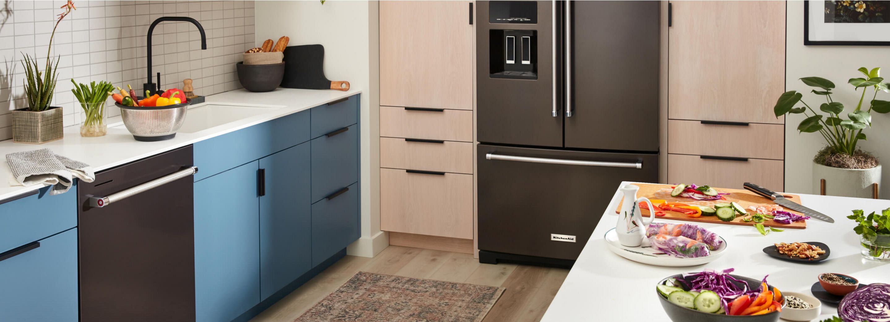 36" KitchenAid® French Door Bottom Mount Refrigerator installed in kitchen.