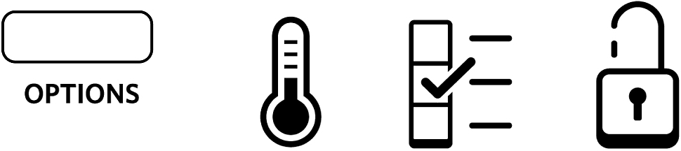 An options icon, temperature gauge icon, filter status icon and lock icon.
