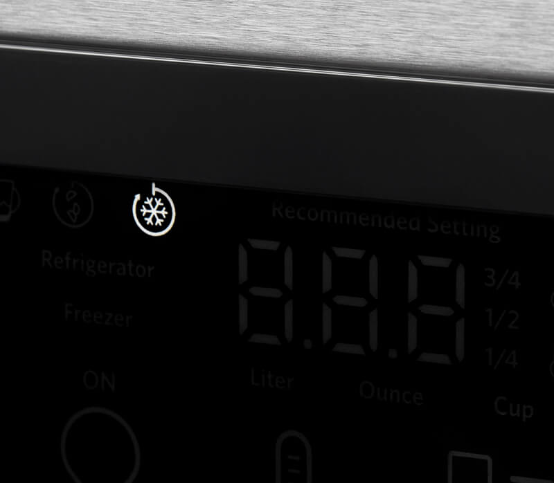 An illuminated Max Cool button on the KitchenAid® French Door Bottom Mount Refrigerator.