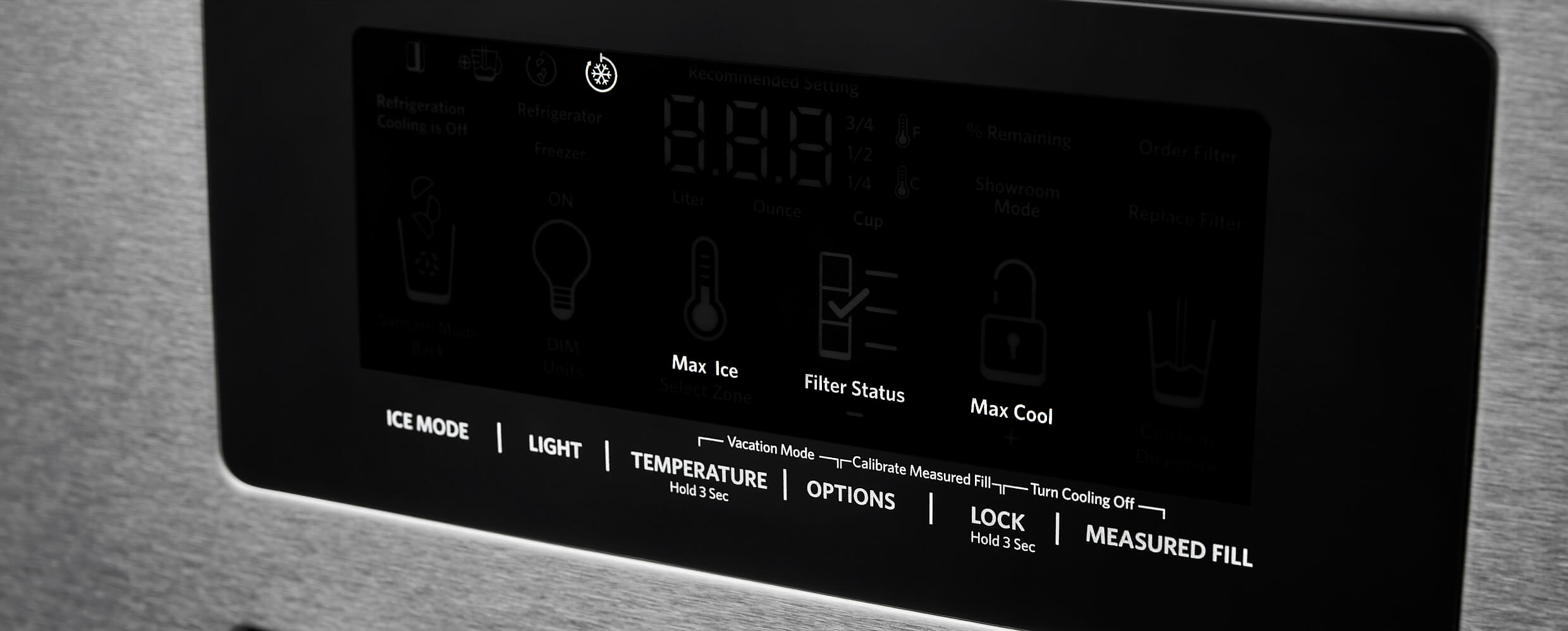 An illuminated Max Cool button on the KitchenAid® French Door Bottom Mount Refrigerator 