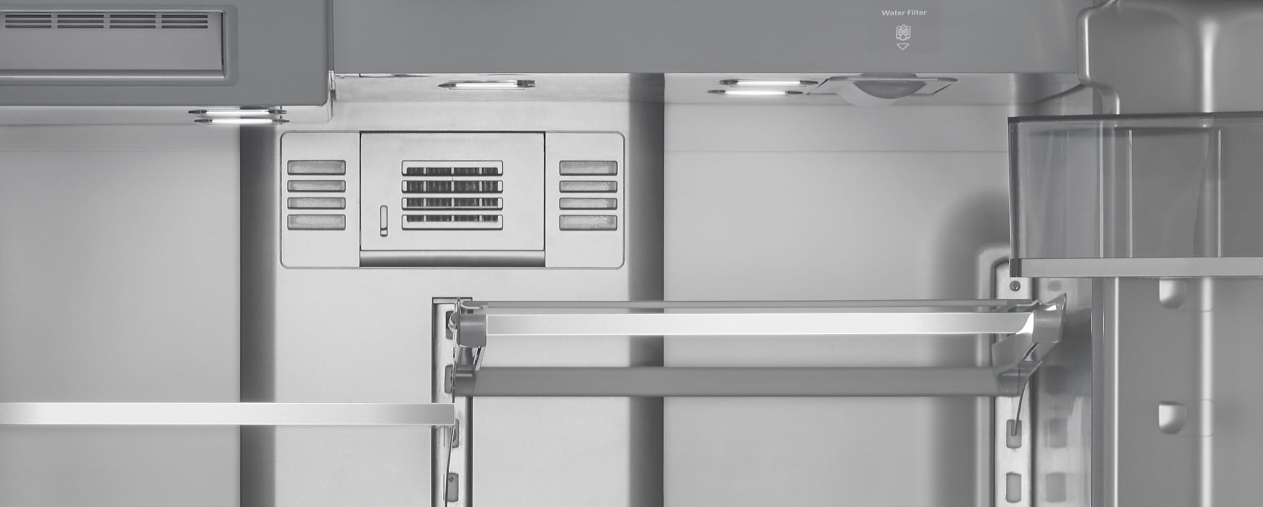 FreshFlow™ Water filter holder in the interior of the KitchenAid® French Door Bottom Mount Refrigerator.