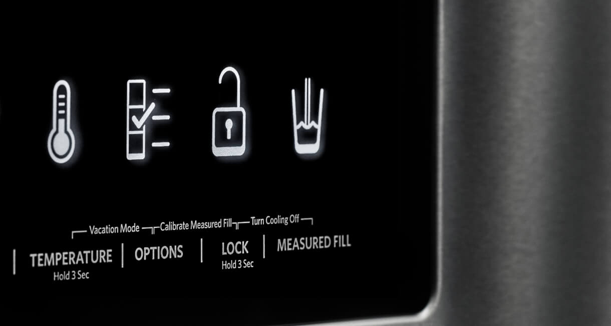 Dispenser Lock is illuminated on the control panel of the KitchenAid® French Door Bottom Mount Refrigerator.