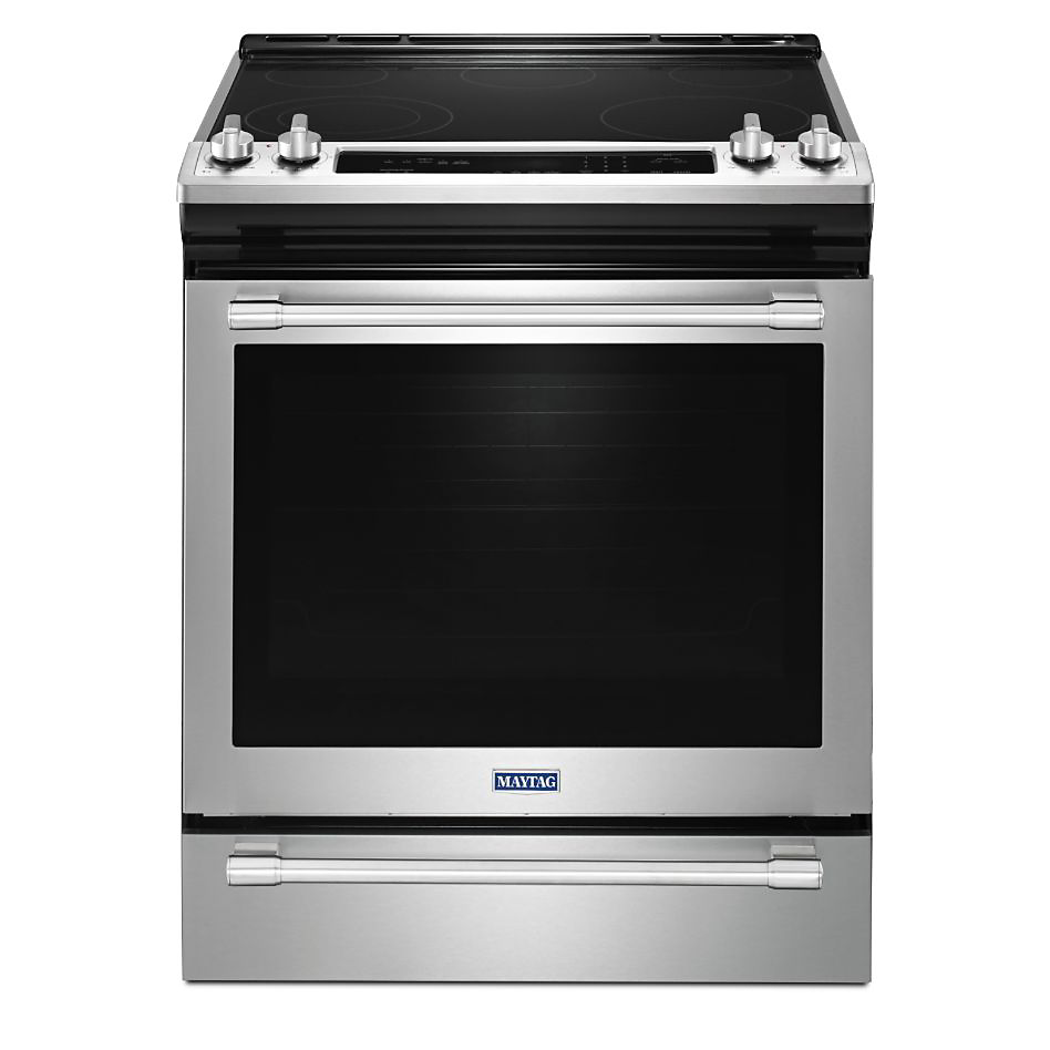 A stainless steel Maytag range