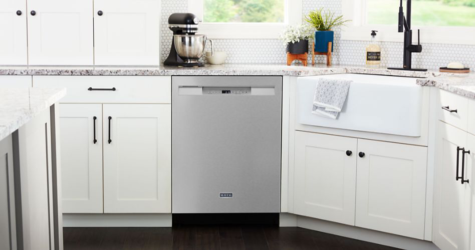 Modern white kitchen with Maytag dishwasher