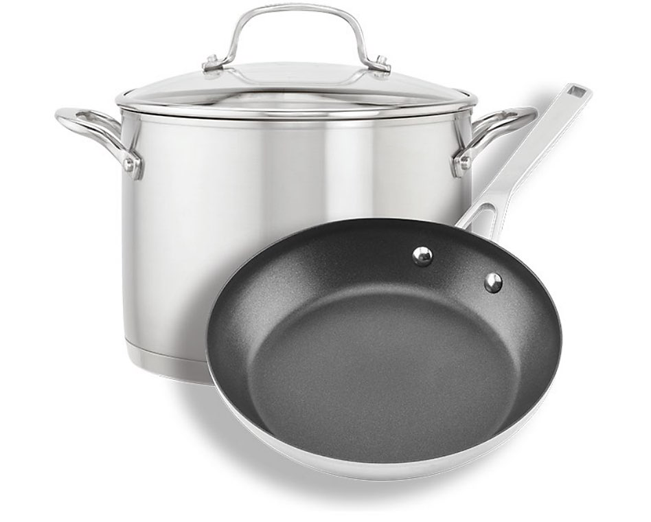 A frying pan and a large pot with a lid