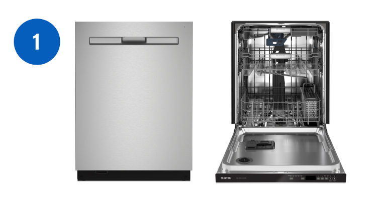  Two Maytag Dishwashers with 3rd Racks. Left: closed. Right: opened with an empty interior.