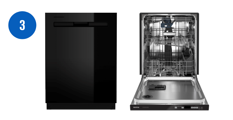 Two Maytag Top Control Dishwashers with 3rd Racks. Left: a black model with the door closed. Right: a model with the door open but there is nothing inside.