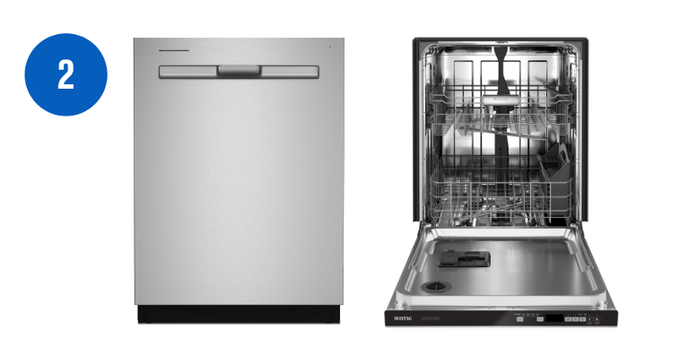  Two Maytag Top Control Dishwashers. Left: a closed dishwasher. Right: an opened but empty dishwasher. 
