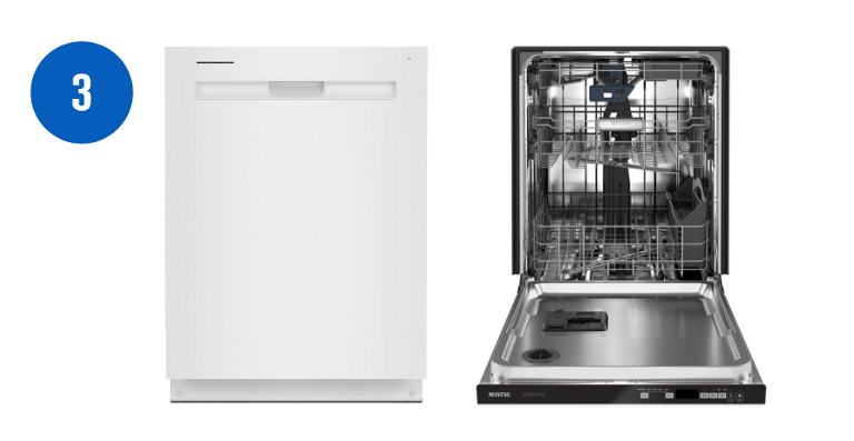  Two Maytag Top Control Dishwashers. Left: a closed dishwasher. Right: an opened but empty dishwasher. 