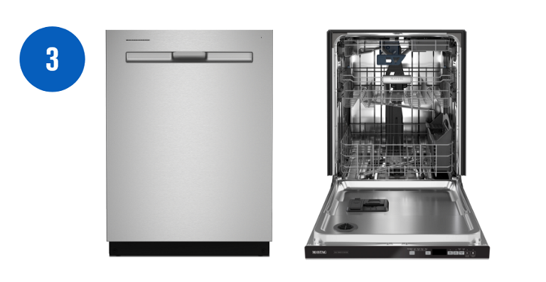 Two Maytag Top Control Dishwashers with 3rd Racks. The left model is closed and the right model is opened. Its racks are empty.
                