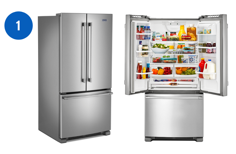  Two Maytag French Door Refrigerators. Left: The fridge doors are closed. Right: The refrigerator doors are opened. The inside is full of food and beverages like milk, juice, produce, condiments, yogurt and more.