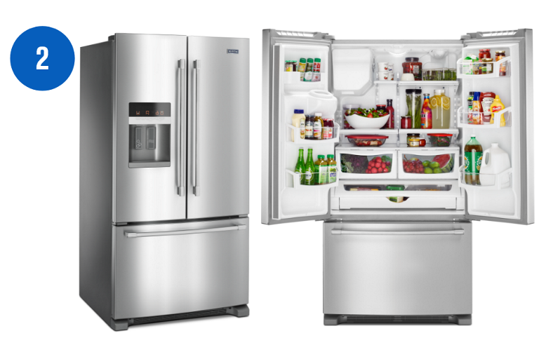  Two Maytag 36-inch French Door Refrigerators. Left: The fridge doors are closed. Right: The fridge doors are opened. Inside the fridge are soda bottles, a milk jug, juice containers, produce and more.