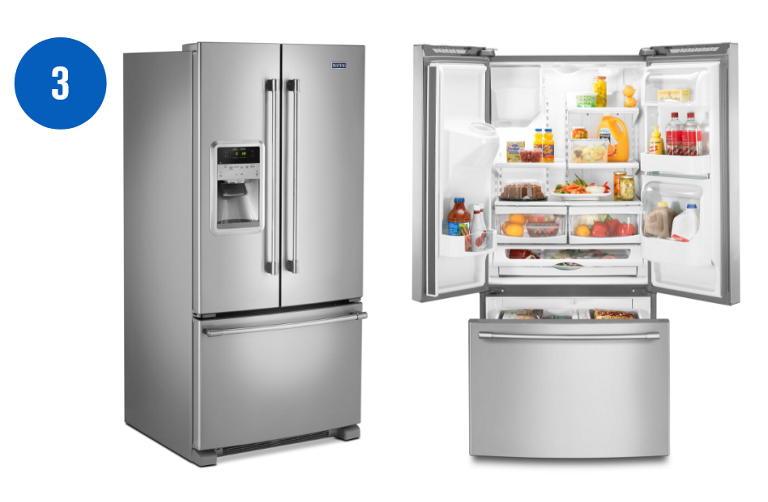   Two Maytag 33-inch French Door Refrigerators. Left: The fridge doors are closed. Right: The fridge doors are opened. Inside are juice containers, produce, a jug of milk and more.