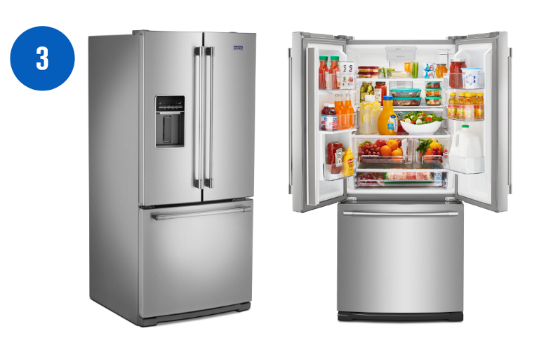 Two Maytag 30-inch French Door Refrigerators. Left: The fridge doors are closed. Right: The fridge doors are opened. Its contents include a bowl of produce, condiments, juice, milk, crispers full of produce and more.