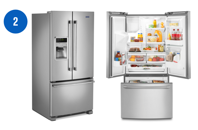 Two Maytag 33-inch French Door Refrigerators. Left: The fridge doors are closed. Right: The fridge doors are opened, and the freezer drawer is pulled out. Inside the fridge are juice, produce, milk, butter, a cake, and more.