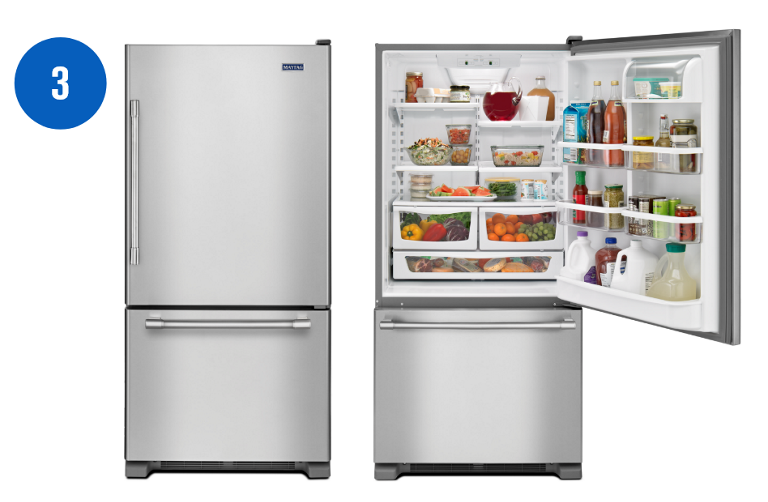 Two Maytag 30-inch Bottom Freezer Refrigerators. Left: The fridge doors are closed. Right: The fridge door is open. The doors are opened and, on the shelves, and in the crispers are juices, milk, condiments, produce, food in Tupperware and more.