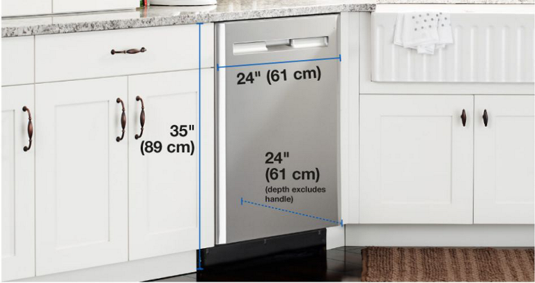 A kitchen with a Maytag Dishwasher showing the dimension of the dishwasher ( 24" or 61 cm x 35" or 89 cm x 24" or 61 cm) Text reads, "depth excludes handle.