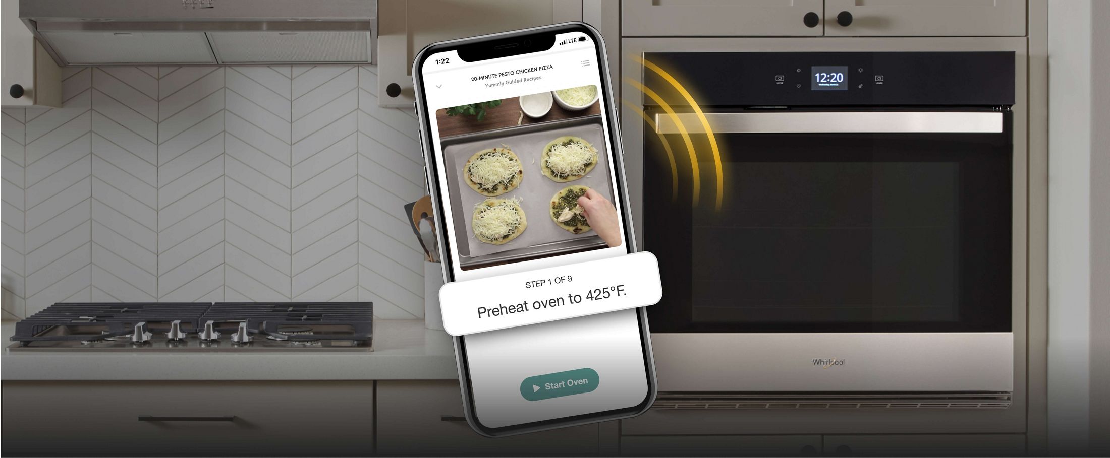Smartphone sending cooking instructions from the Yummly® app to select Whirlpool® Smart Wall Ovens