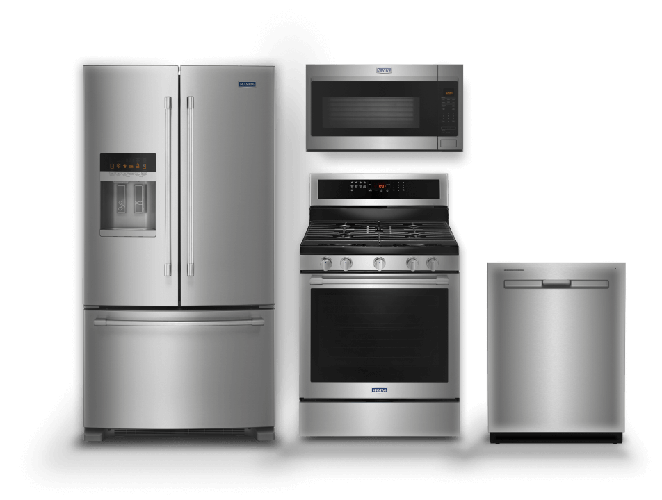 A dishwasher, french door refrigerator, electric range and microwave