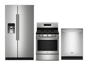 Maytag® Performance Lineup side-by-side refrigerator, gas range and dishwasher