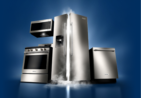 Maytag® side-by-side refrigerator, over-the-range microwave, range and dishwasher