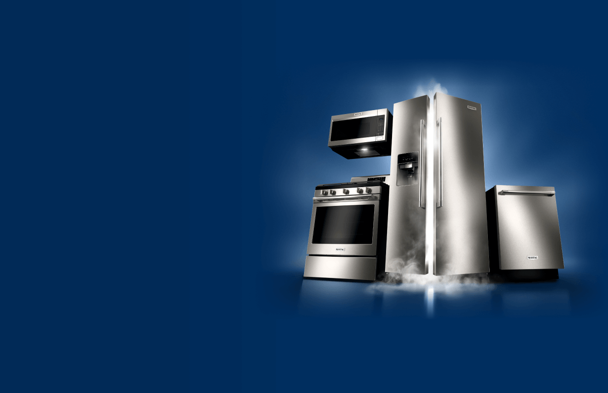 Maytag® range, over-the-range microwave, dishwasher and side-by-side refrigerator in a kitchen