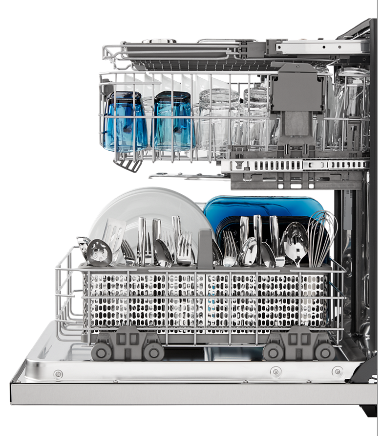A Maytag dishwasher with its door open and racks full of dry dishes.